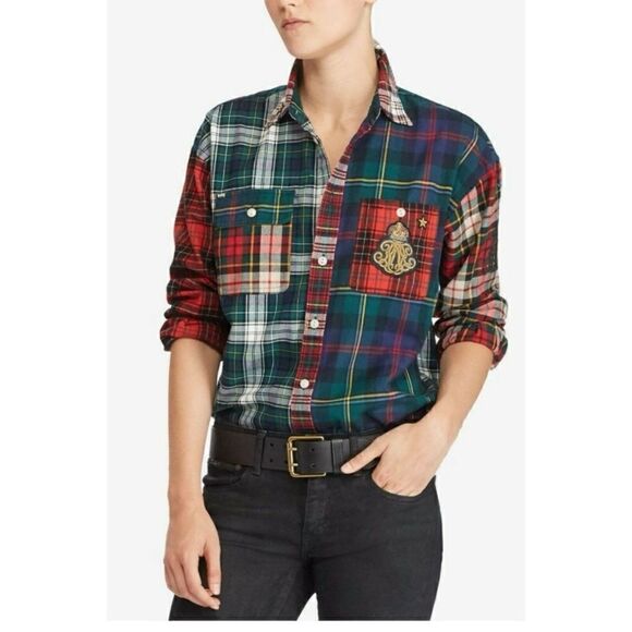 Polo Ralph Lauren Patchwork flannel crest emblem button up shirt  Size S/ NWOT - Picture 1 of 8
